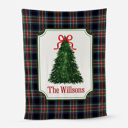 Custom Christmas Tree Tartan Blanket - Personalized Family Name Keepsake Throw Gift