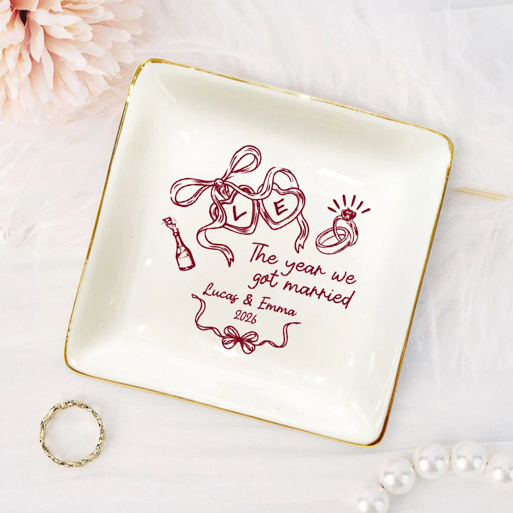 The Year We Got Engaged Personalized Jewelry Dish - Custom Ceramic Ring Trinket Tray for Couples Wedding Gift