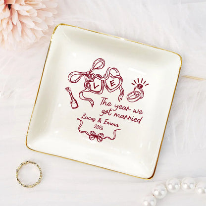 The Year We Got Engaged Personalized Jewelry Dish - Custom Ceramic Ring Trinket Tray for Couples Wedding Gift