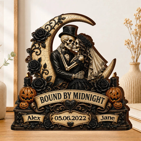 Bound By Midnight Personalized Skeleton Couple Wooden Block - Custom Halloween Anniversary Gift