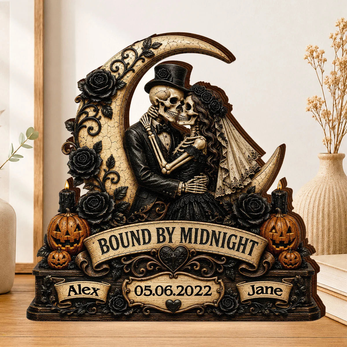 Bound By Midnight Personalized Skeleton Couple Wooden Block - Custom Halloween Anniversary Gift