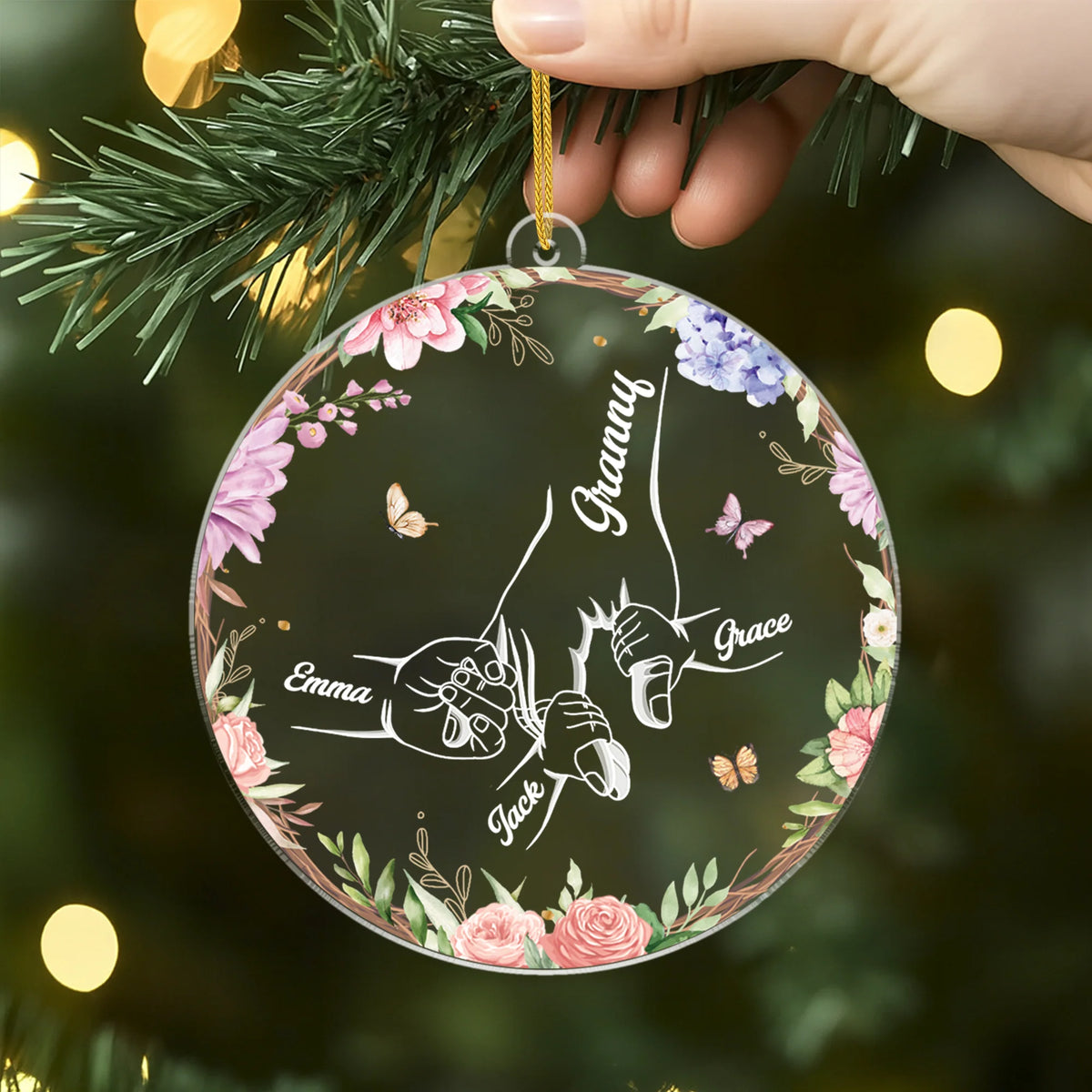 Floral Holding Hands Personalized Acrylic Ornament - Custom Christmas Keepsake Gift for Mom & Grandma