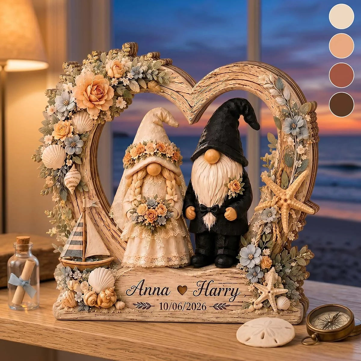 Personalized Coastal Gnome Couple Heart Wooden Block - Custom Beach Wedding & Anniversary Keepsake Gift
