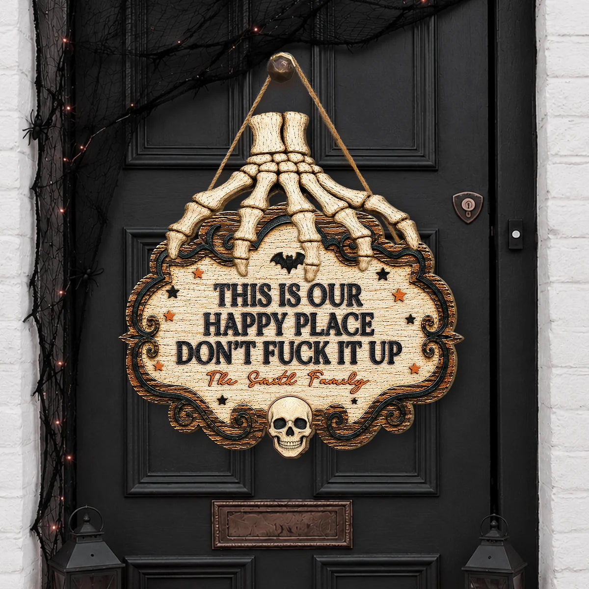 "This Is My Happy Place" Personalized Halloween Wood Sign - Custom Front Door Decor for Family