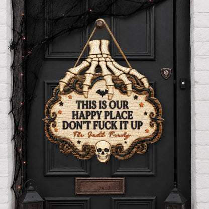 "This Is My Happy Place" Personalized Halloween Wood Sign - Custom Front Door Decor for Family