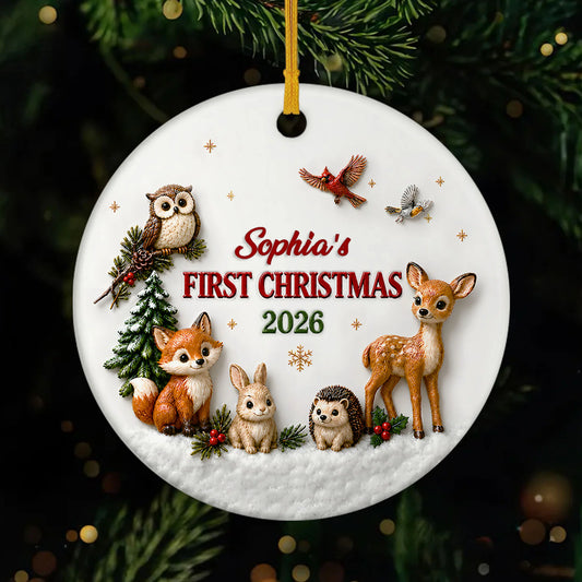 Baby's First Christmas 2026 Woodland Animal Ceramic Ornament - Personalized Keepsake Gift for Newborns