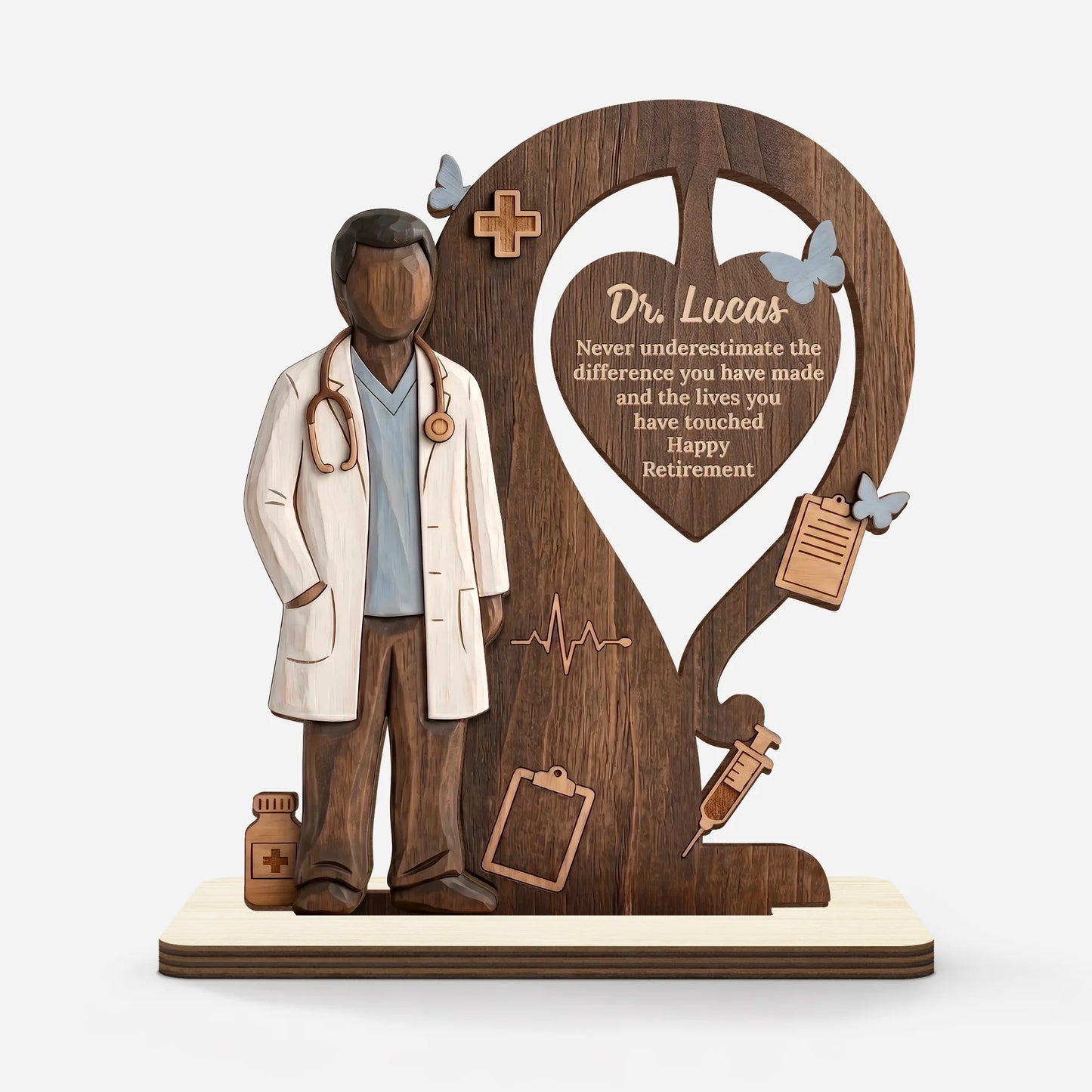 Personalized doctor retirement plaque made of layered wood on a flat stand, customized gift for medical professionals