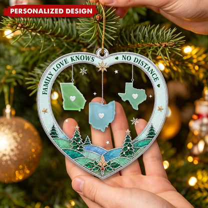 "Family Love Knows No Distance" Personalized US State Map Heart Acrylic Ornament - Christmas Gift for Family