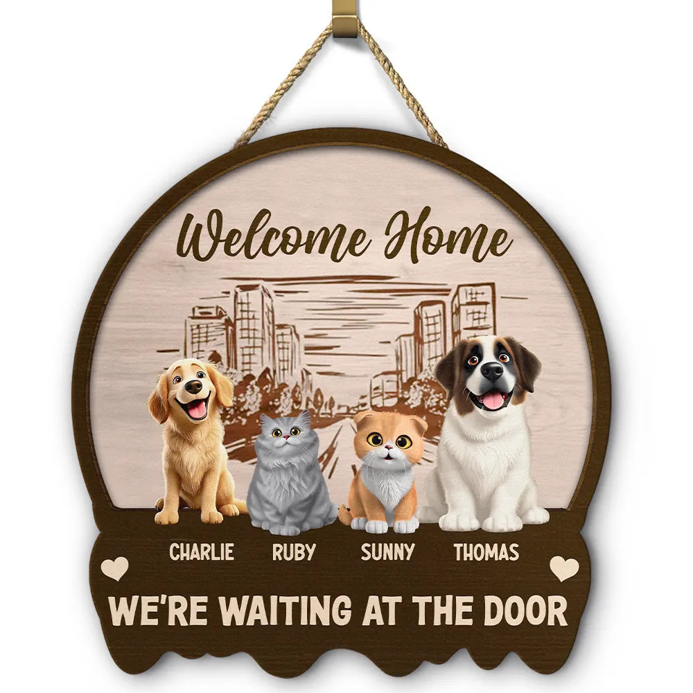Custom wood welcome sign featuring personalized dogs and cats waiting at the door for pet lovers entryway decor