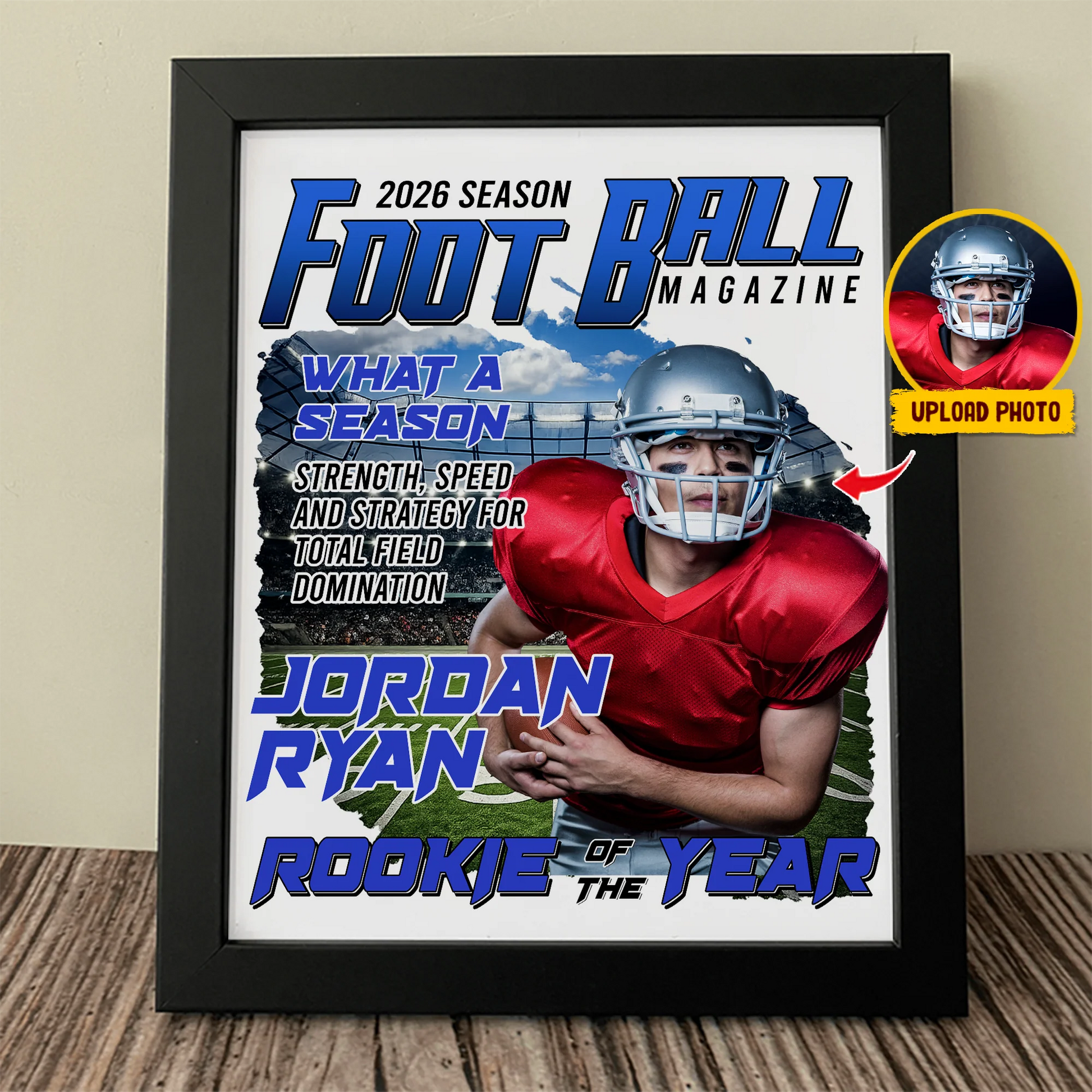Custom football magazine canvas with personalized player photo and Rookie of the Year text in a black frame image 6