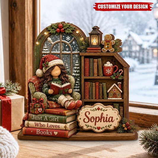 "Just A Girl Who Loves Books" Personalized Wooden Block - Custom Cozy Reading Nook Decor for Book Lovers