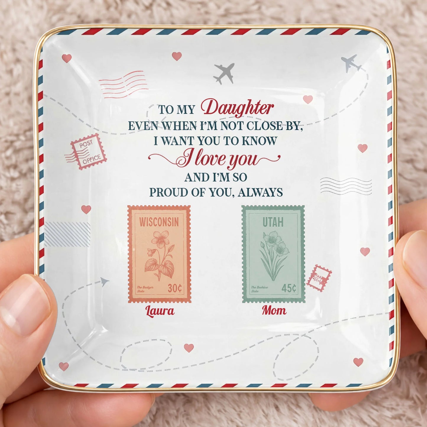 "To My Daughter Even When I'm Not Close By" Personalized Jewelry Dish - Custom Postage Stamp Ceramic Ring Tray Gift