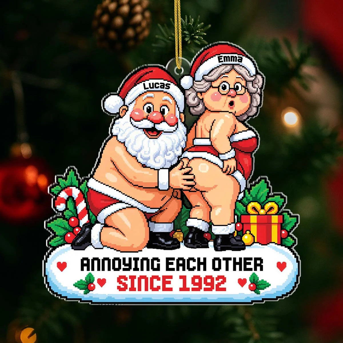Growing Old Together Custom Pixel Art Santa Acrylic Ornament - Funny Christmas Gift for Couples