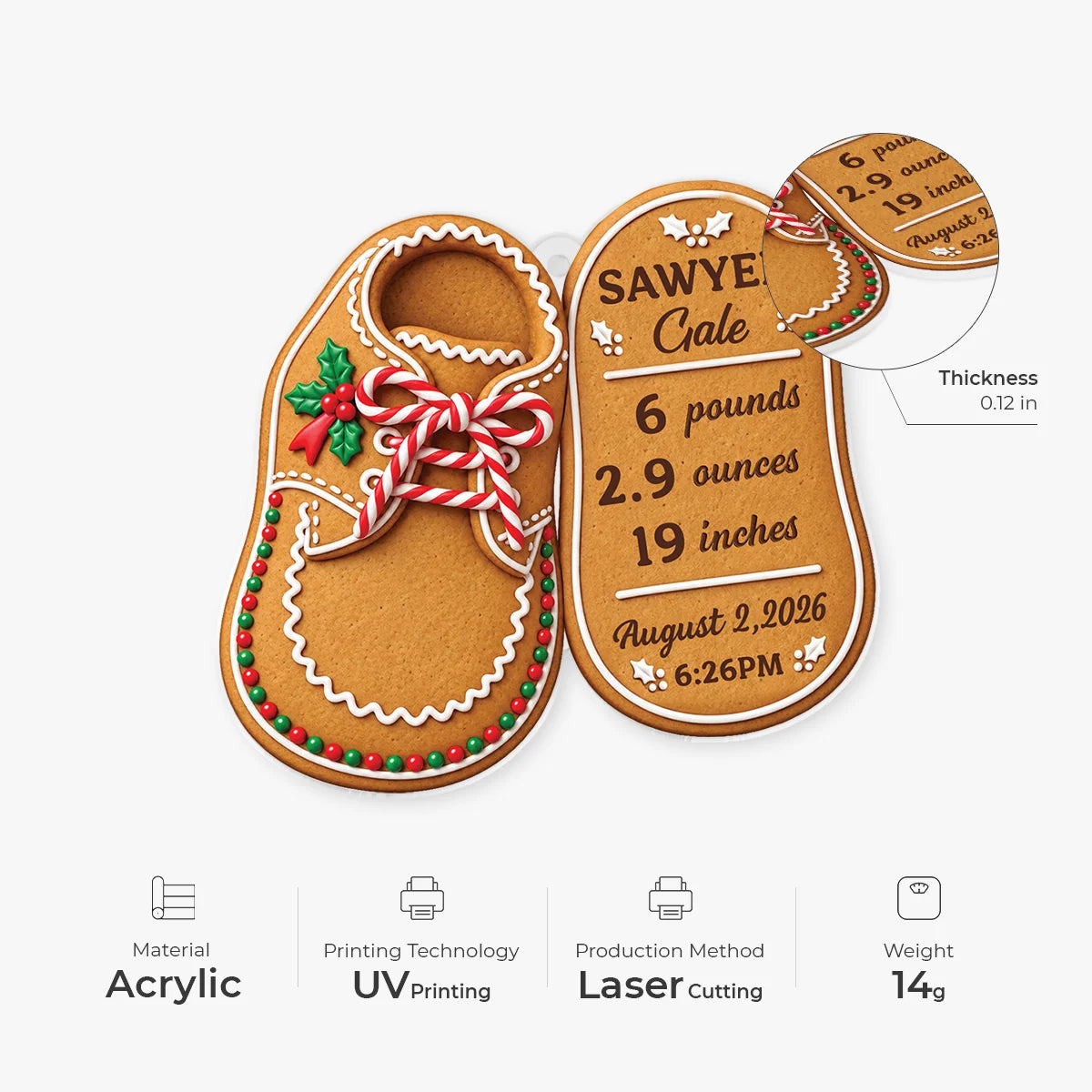 Baby Birth Stats Gingerbread Shoe Personalized Acrylic Ornament - Keepsake for New Mom