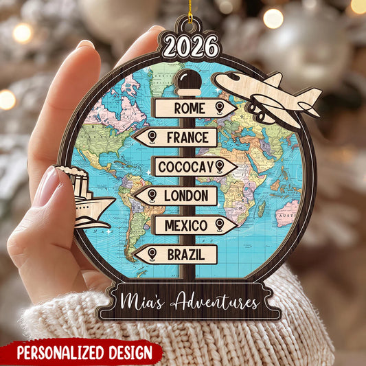 Personalized Travel Adventure Wooden Ornament - Custom World Vacation Signpost Keepsake for Family
