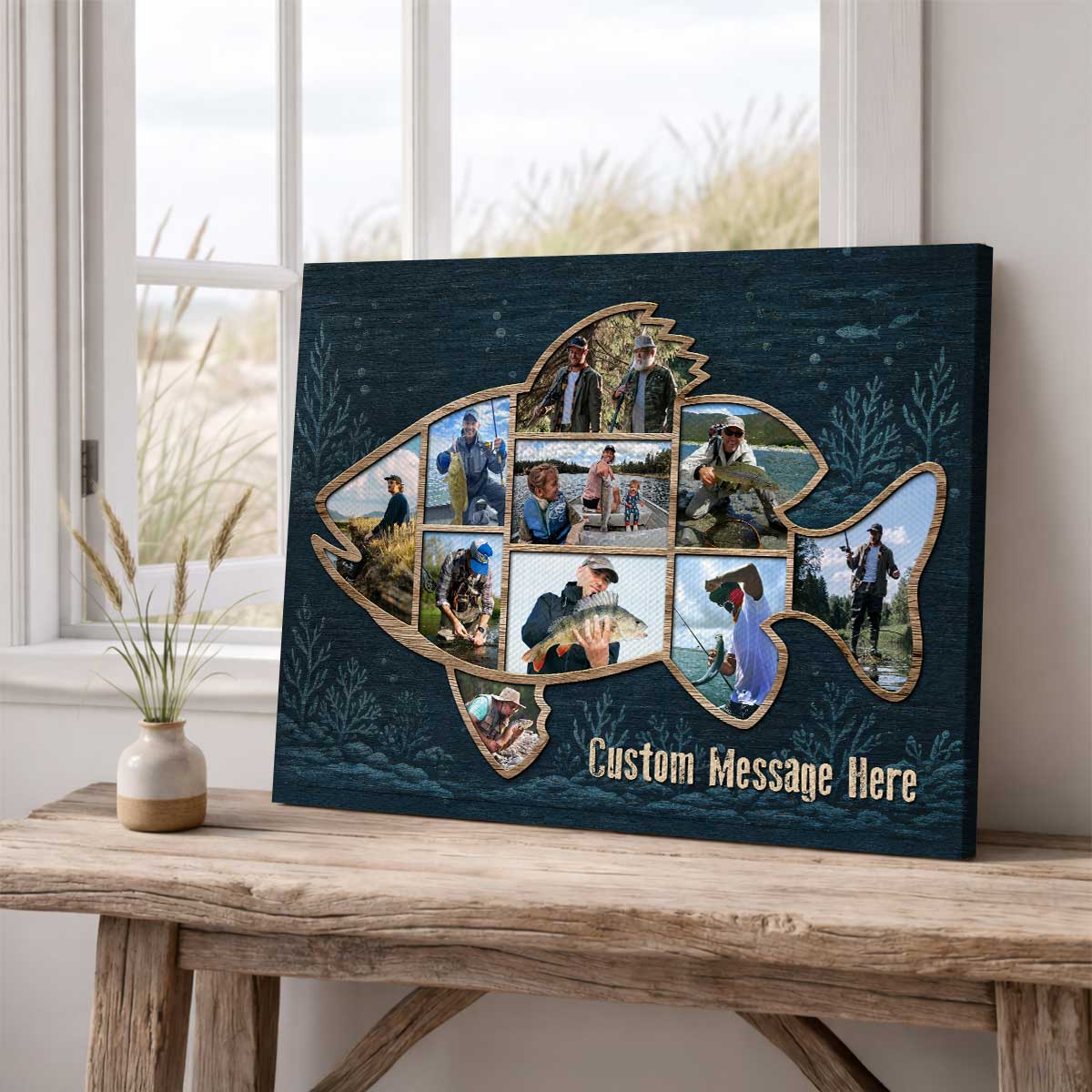 "Dad's Fishing Legacy" Personalized Fish Shape Photo Canvas / Poster - Custom Keepsake Gift for Cabin Decor