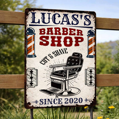 Custom Barber Shop Cut & Shave Metal Sign - Personalized Barber Chair Wall Decor for Men