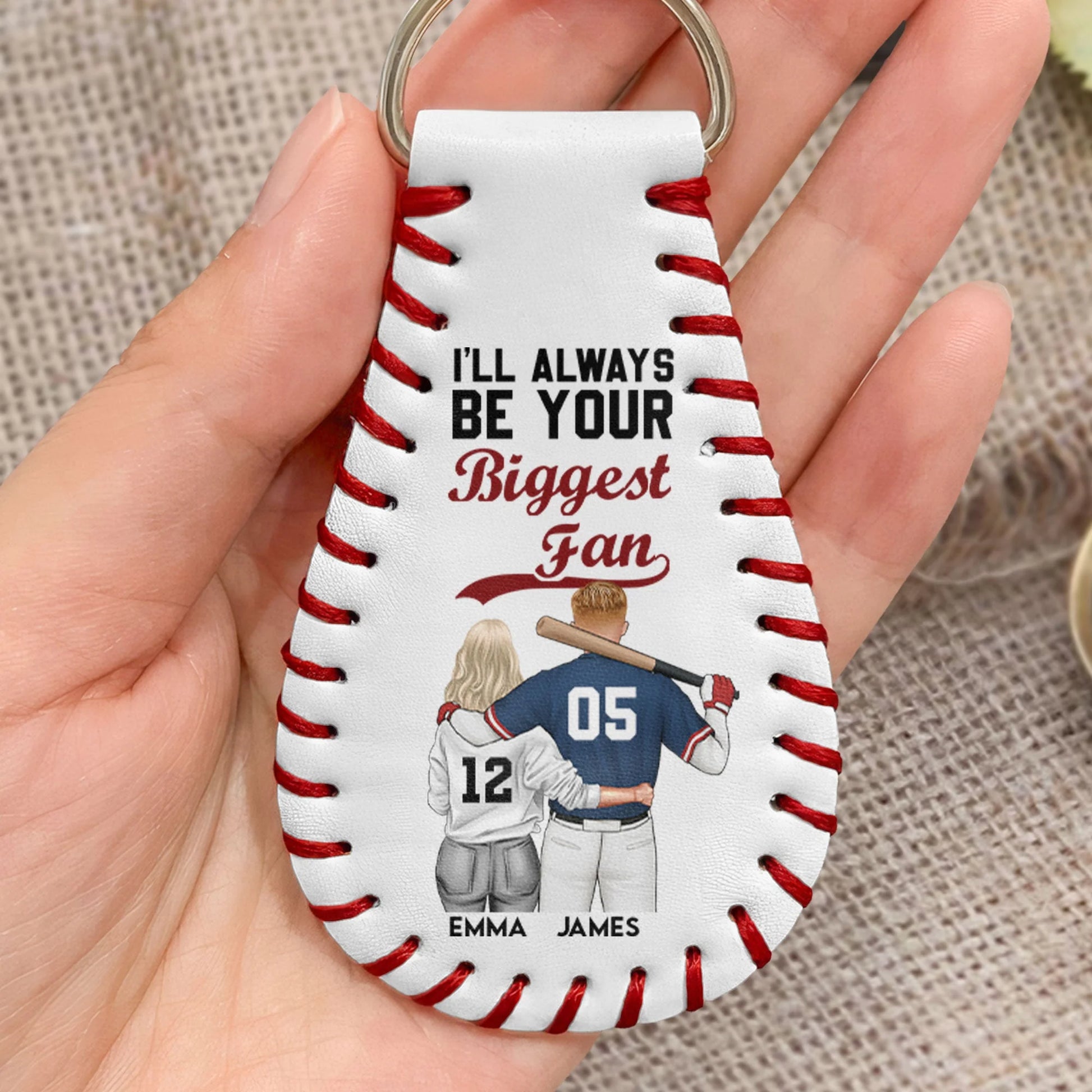 Custom Baseball Fan Leather Keychain for Son/Grandson with personalized design details for meaningful gifting