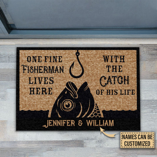 One Fine Fisherman Lives Here Personalized Doormat - Custom Couple Welcome Mat
