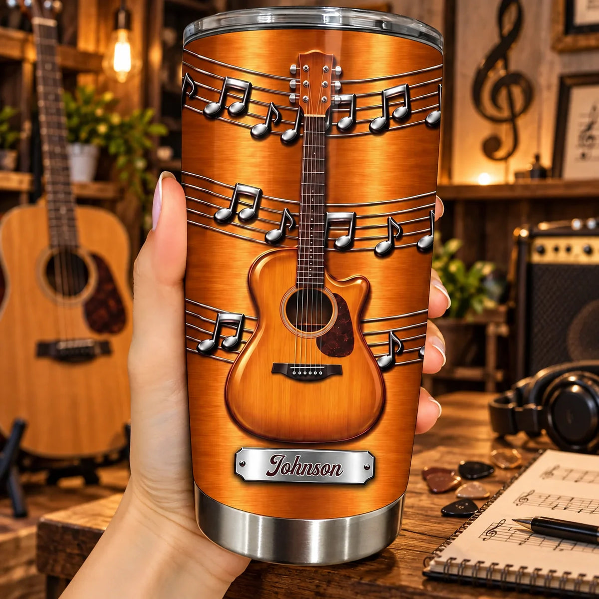 Acoustic Guitar Musical Notes Personalized Tumbler - Custom Gift for Music Lovers