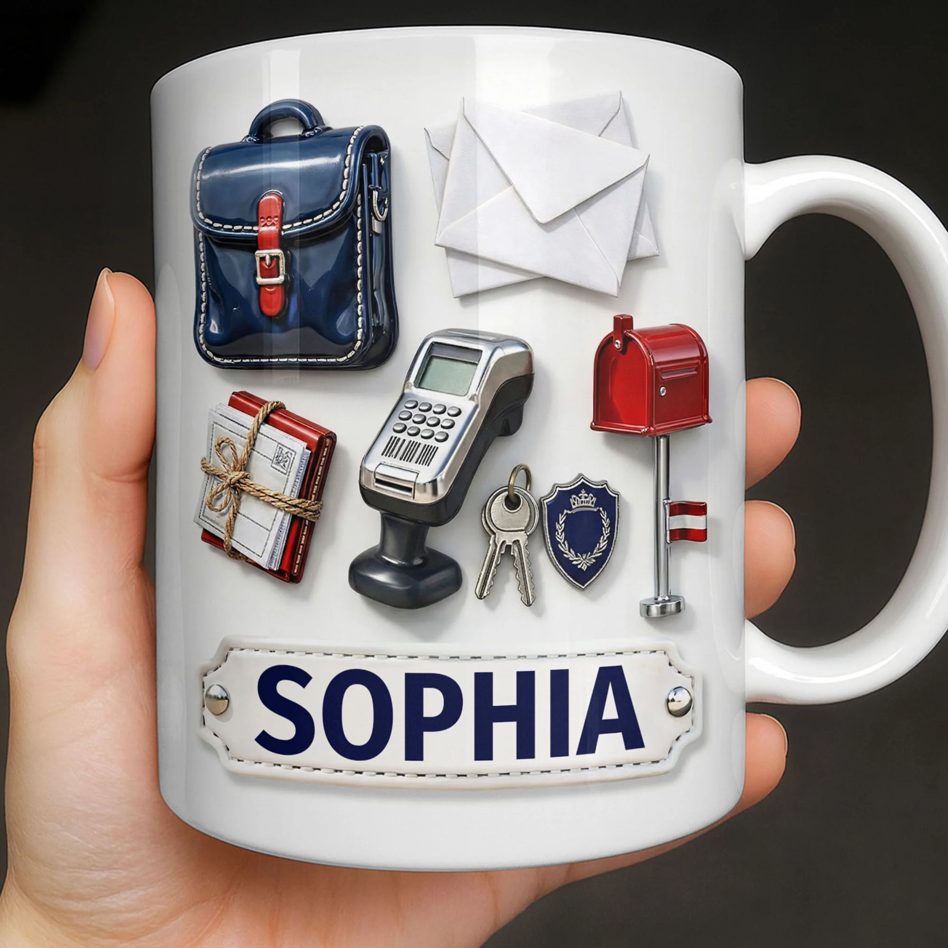 Personalized professional coffee mug featuring mail carrier icons and custom name Sophia for coworkers and postal workers