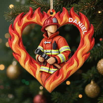 Personalized Firefighter Heart Wood Ornament - Custom Keepsake for Fire Department