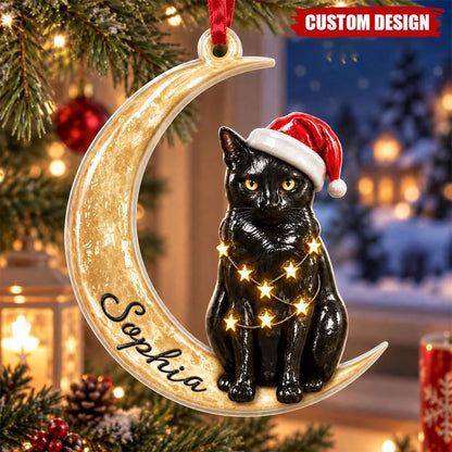 Custom Black Cat on Crescent Moon Wooden Ornament - Cat Lovers Christmas Tree Decor