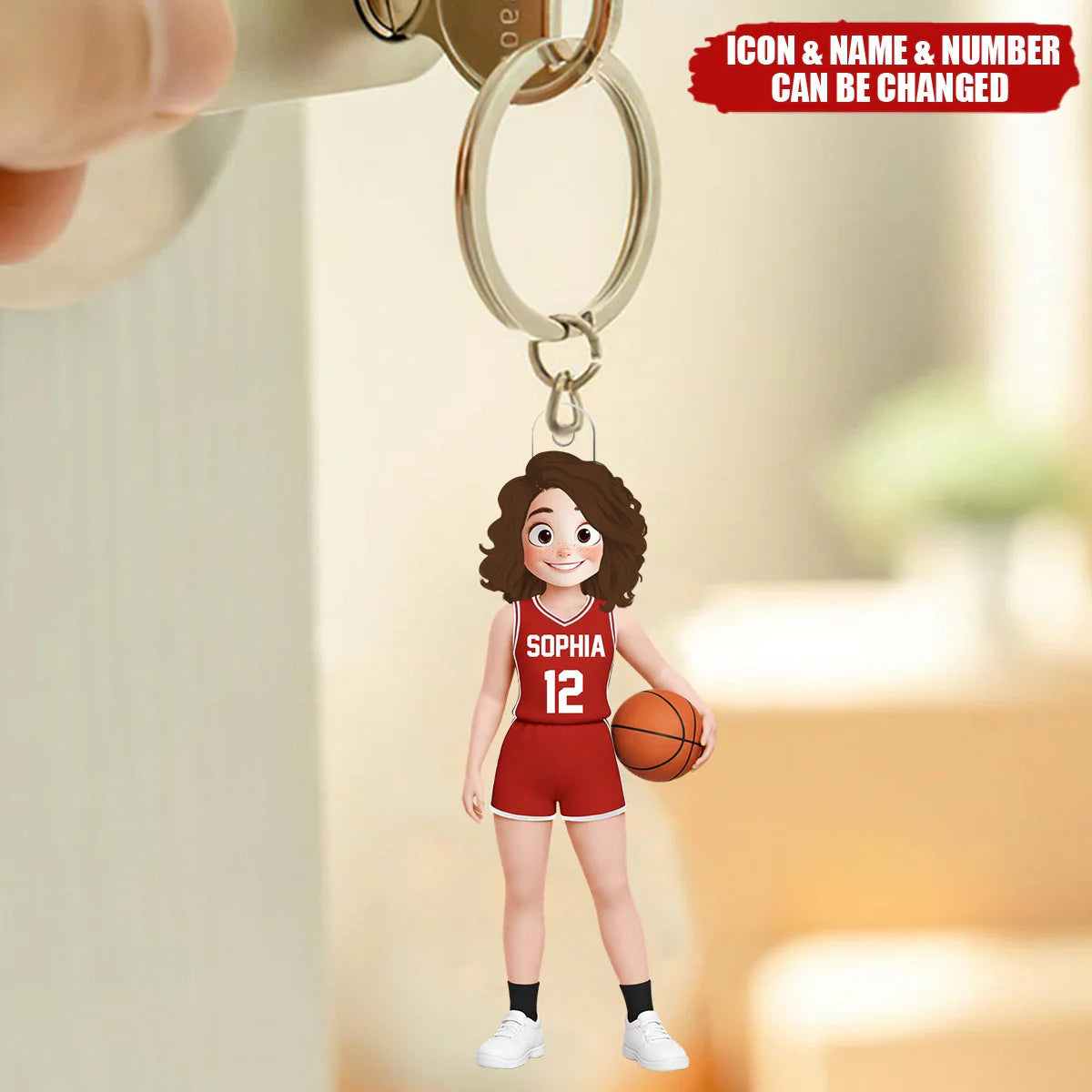 Personalized basketball player keychain with custom jersey name and number for youth athletes