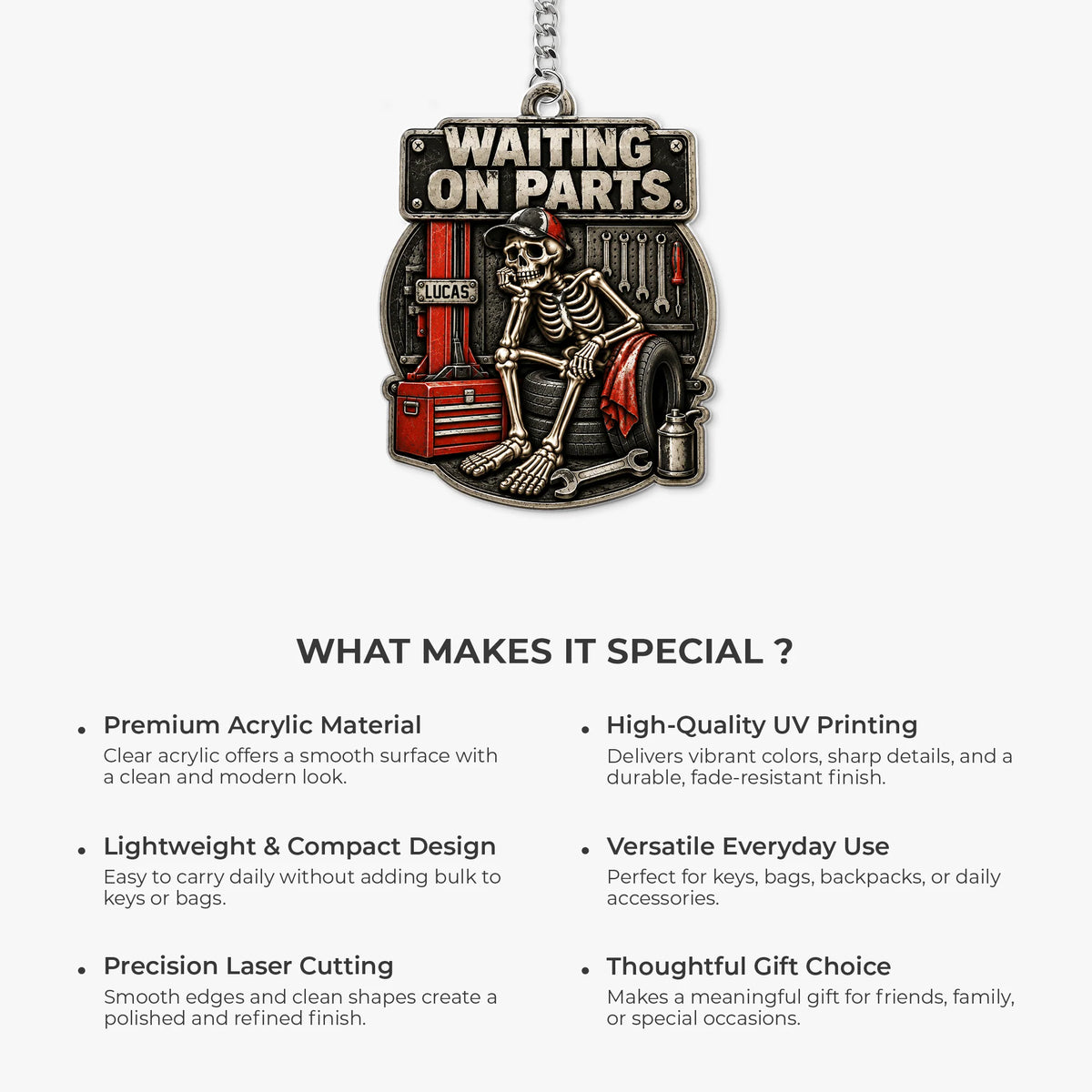 "Waiting On Parts" Funny Skeleton Mechanic Keychain - Custom Name Gift for Dad & Husband