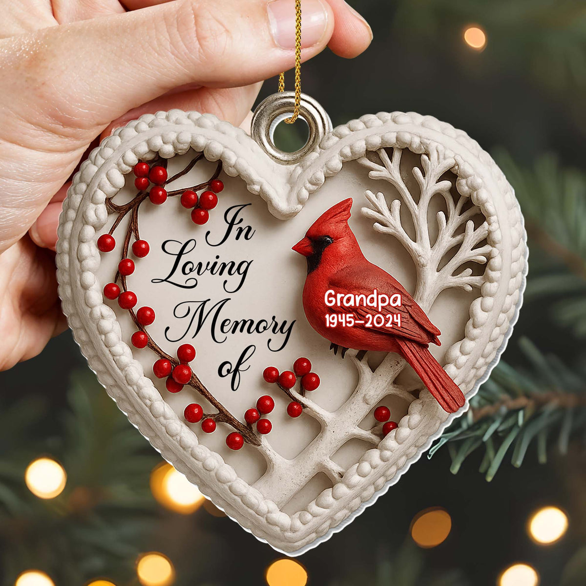 In Loving Memory Of Cardinal And Berries Heart Ornament