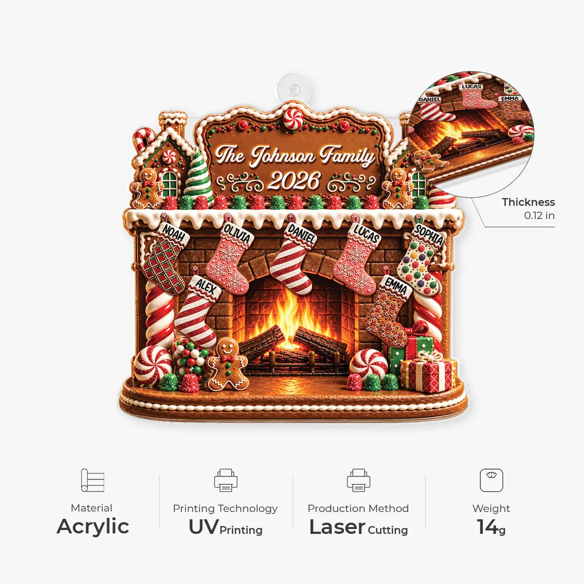 Gingerbread Fireplace Personalized Acrylic Ornament - Christmas Holiday Keepsake Gift for Family