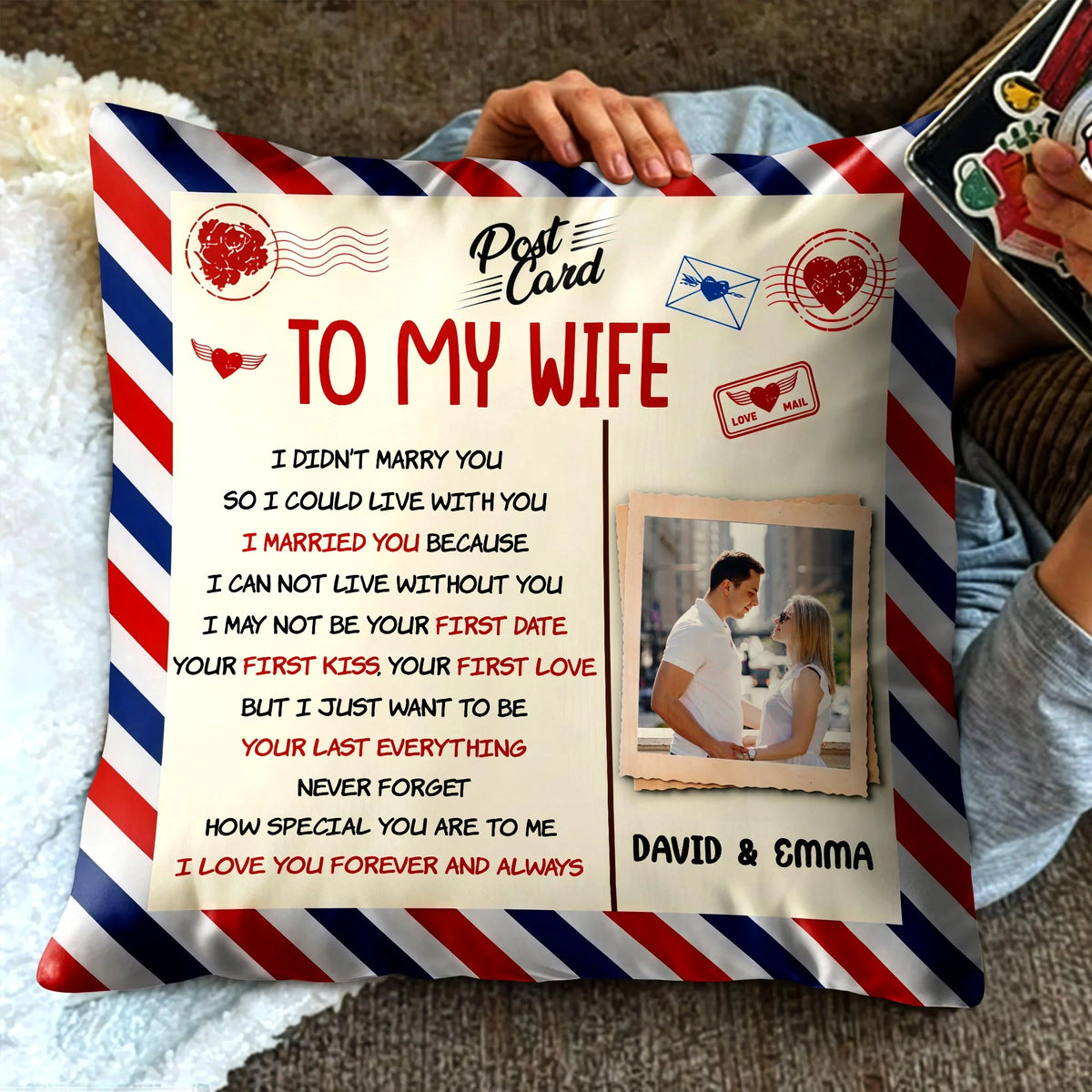 To My Wife I Love You Personalized Pillow - Custom Photo Postcard Throw Pillow for Wife