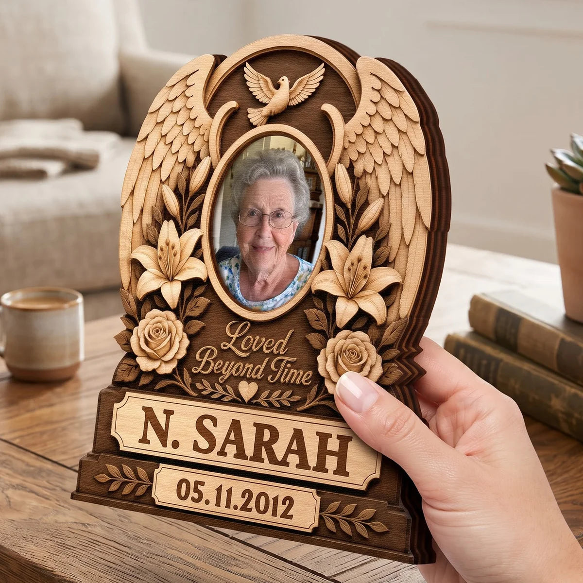"Loved Beyond Time" Personalized Memorial Photo Wooden Block - Custom Sympathy Keepsake Gift for Loss of Loved One