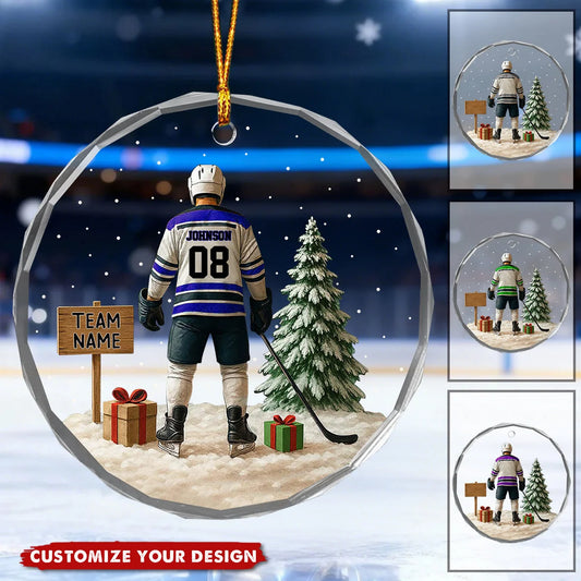 Personalized Hockey Player Glass Ornament - Custom Jersey Name and Number Team Christmas Gift for Son or Dad