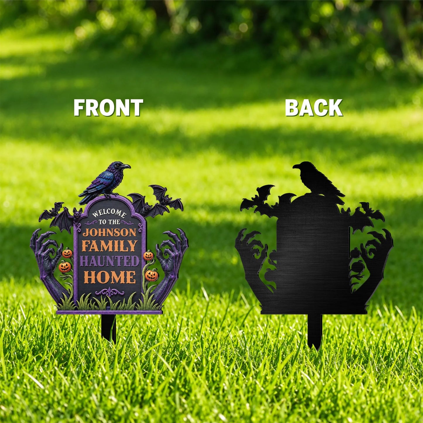 Welcome To Our Haunted Home - Personalized Halloween Metal Garden Stake Sign for Family Yard Decor