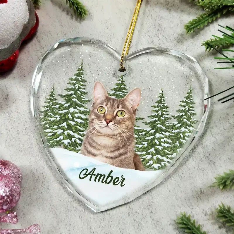 Custom Pet Photo Winter Scene Heart Glass Ornament - Personalized Pet Memorial Christmas Gift