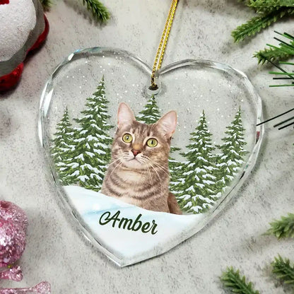 Custom Pet Photo Winter Scene Heart Glass Ornament - Personalized Pet Memorial Christmas Gift