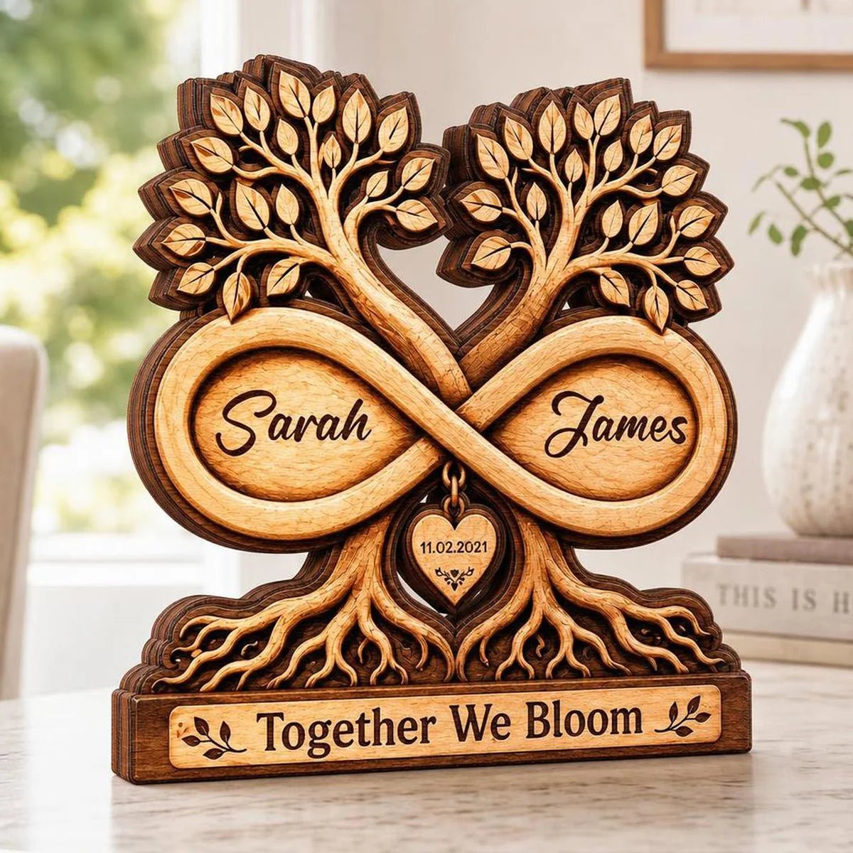 Together We Bloom Infinity Tree Personalized Wooden Block - Custom Anniversary & Wedding Keepsake Gift for Couples