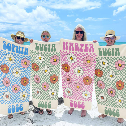 Personalized Retro Flowers Beach Towel for Best Friends with personalized design details for meaningful gifting