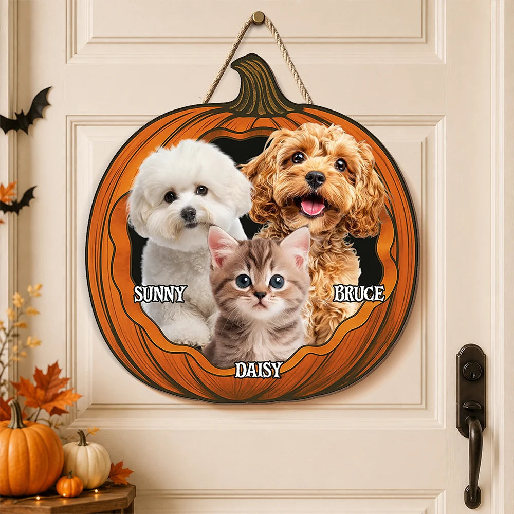 Custom Photo Pumpkin Halloween Pet Wood Door Sign - Personalized Dog & Cat Decor Gift
