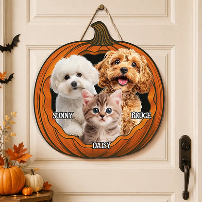 Custom Photo Pumpkin Halloween Pet Wood Door Sign - Personalized Dog & Cat Decor Gift