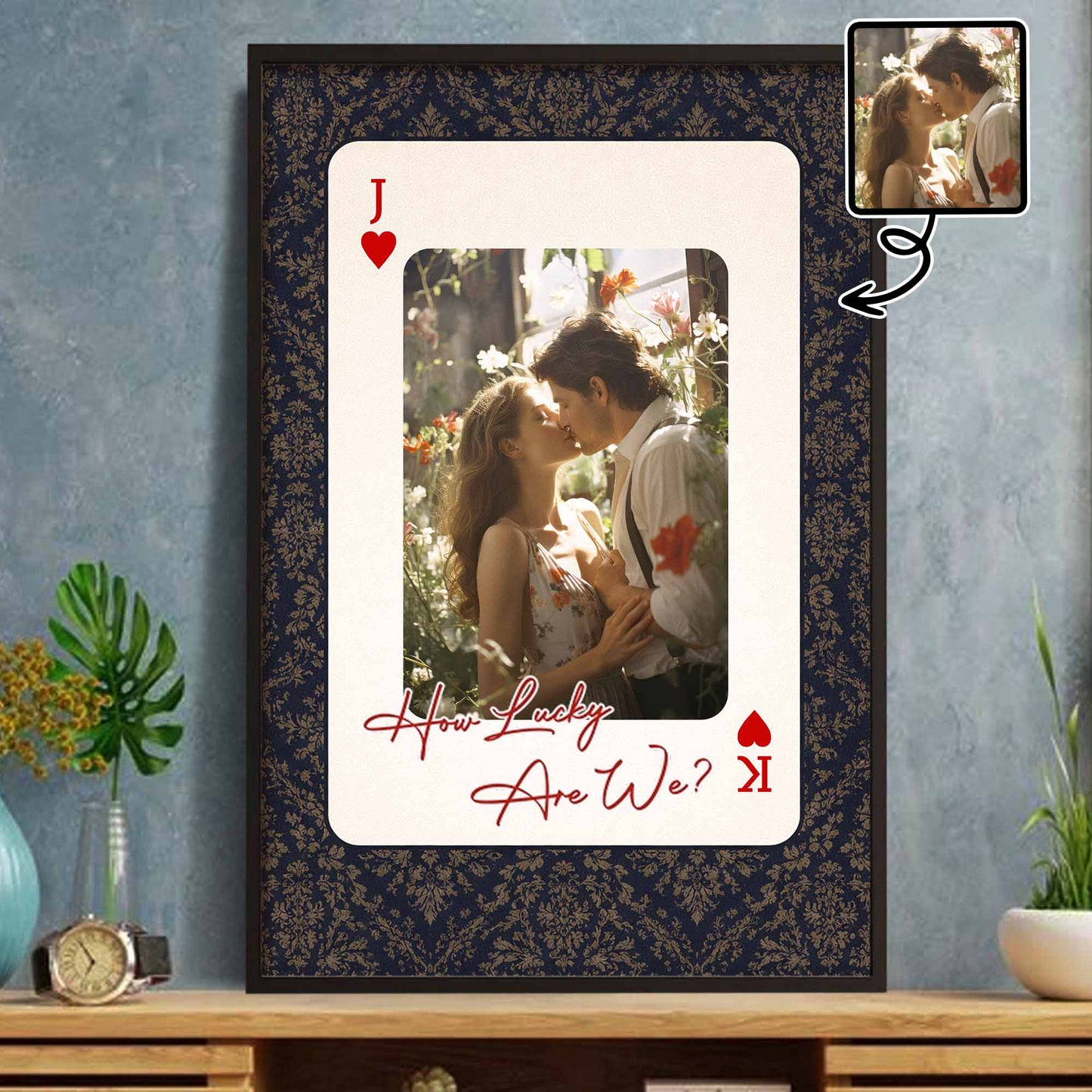 Personalized custom playing card photo poster with a vertical picture of a couple and How Lucky Are We quote text print