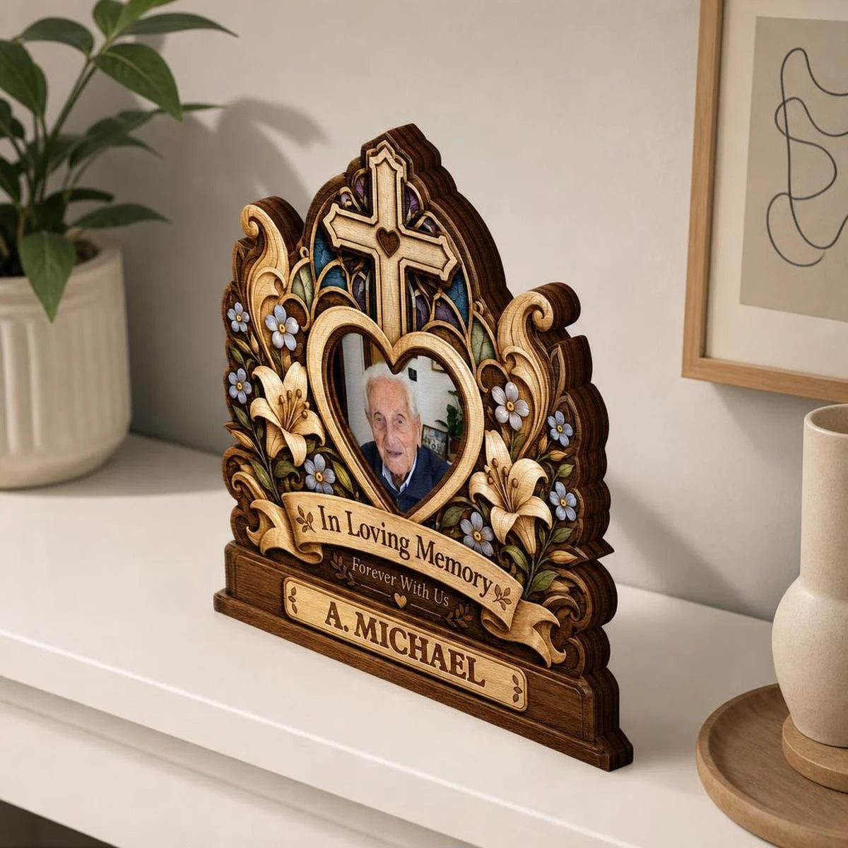 In Loving Memory Custom Photo Cross Wooden Block - Personalized Memorial Keepsake Gift for Family
