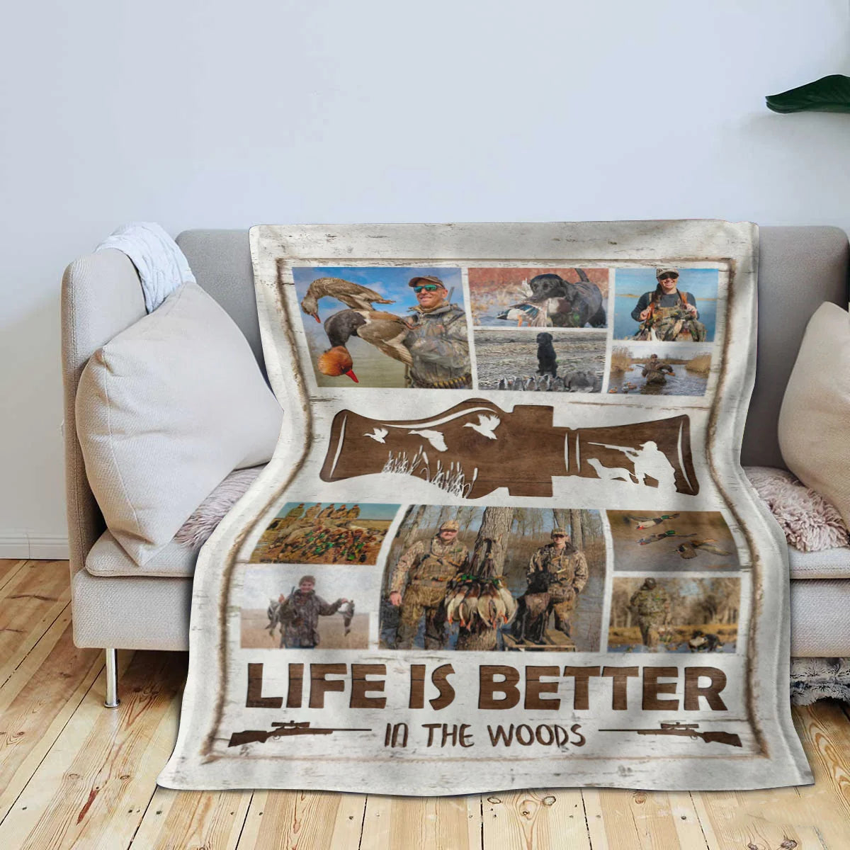 "Life Is Better in the Woods" Custom Hunting Photo Collage Blanket - Personalized Outdoor Gift for Duck Hunters