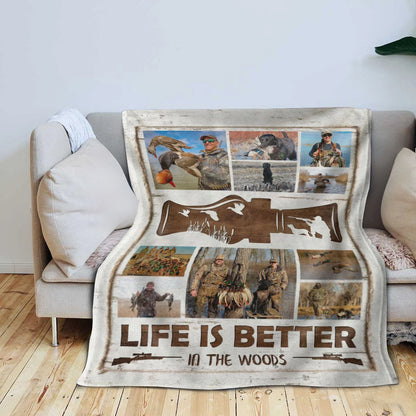 "Life Is Better in the Woods" Custom Hunting Photo Collage Blanket - Personalized Outdoor Gift for Duck Hunters