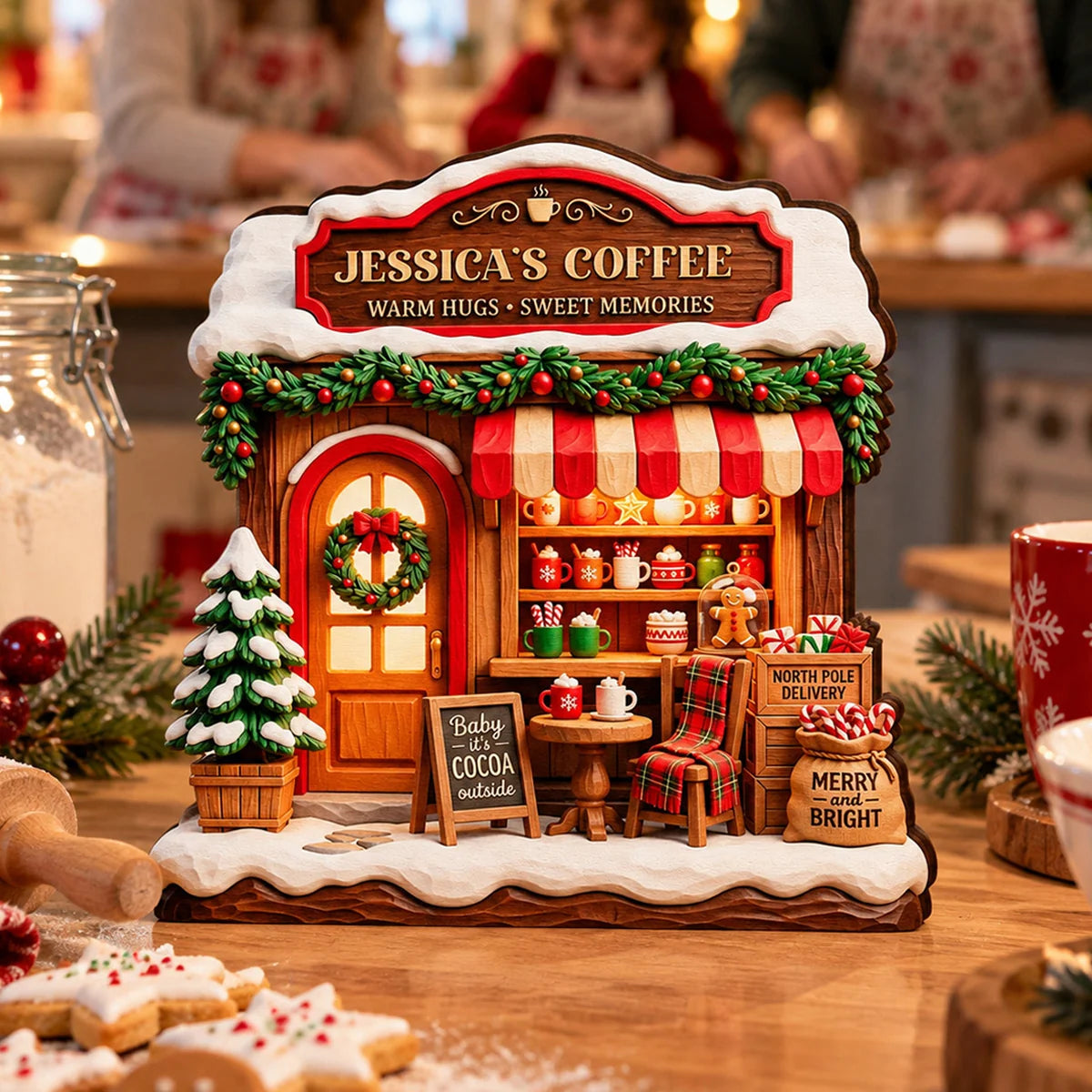 Warm Hugs Sweet Memories Coffee House - Custom Wooden Block for Family Christmas Decor