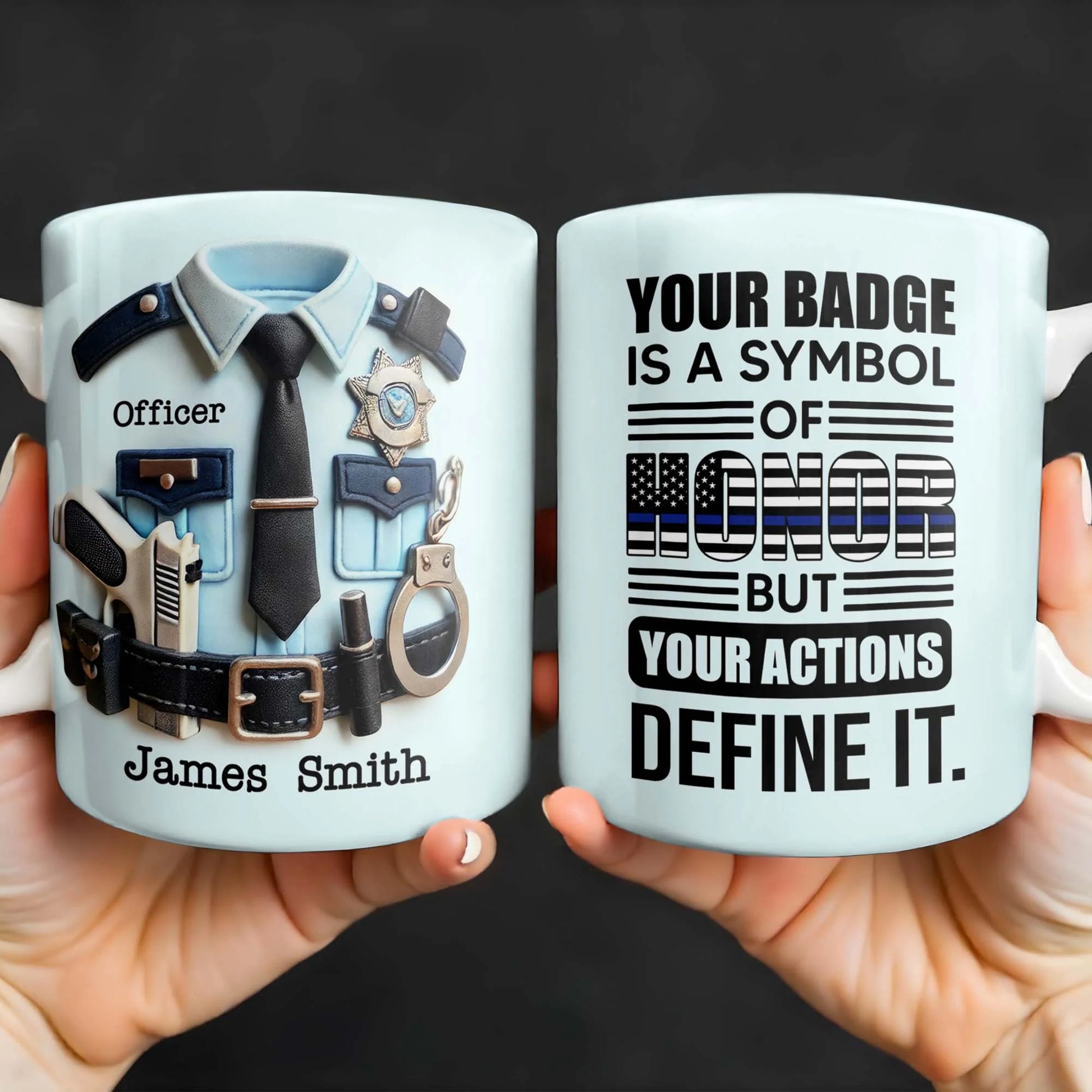 Custom police officer mug featuring a law enforcement uniform and thin blue line flag design for son