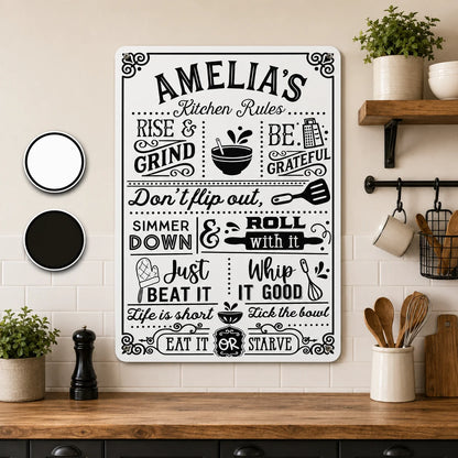 Kitchen Rules Custom Name Personalized Metal Sign - Housewarming Gift for Cooking Lovers