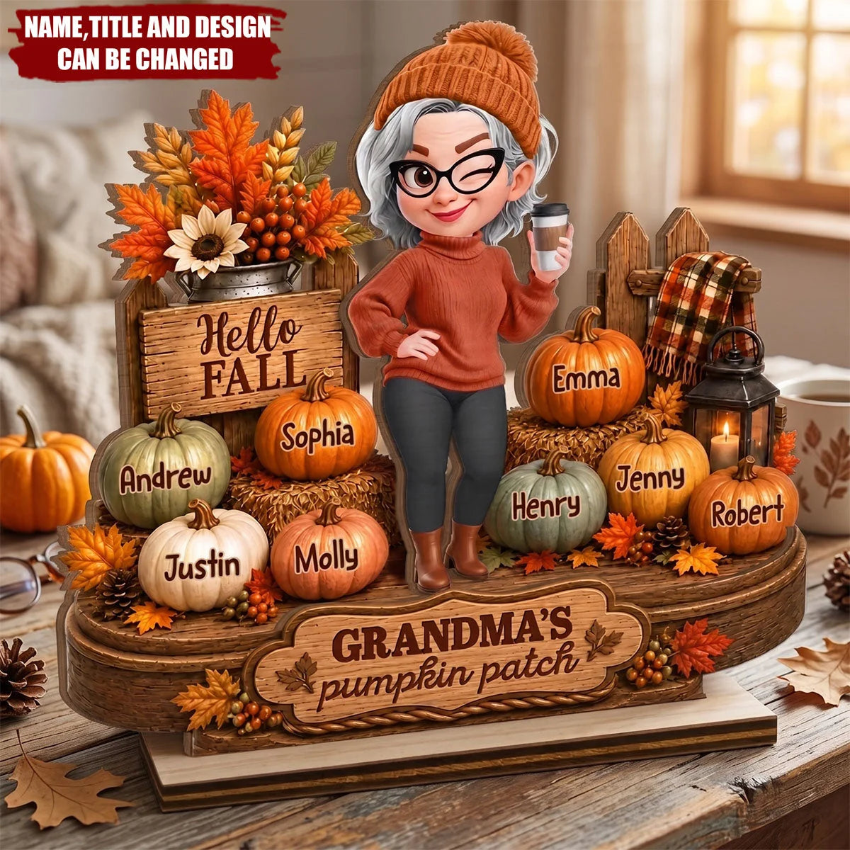 "Grandma's Pumpkin Patch" Personalized 2-Layer Wooden Plaque - Custom Fall Decor Gift for Mom & Grandma
