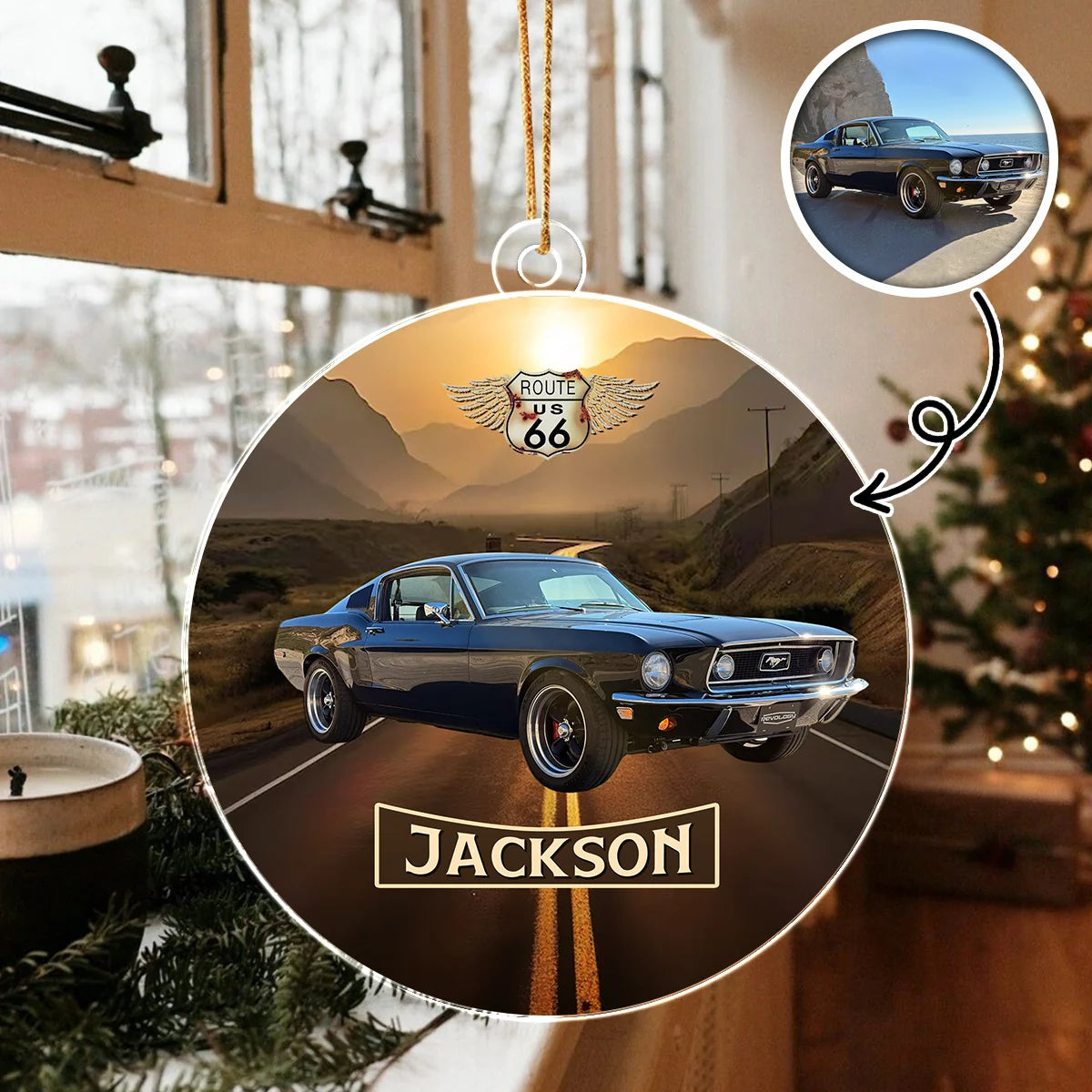 Route 66 Vintage Style - Personalized Car Photo Acrylic Ornament Gift for Car Lovers